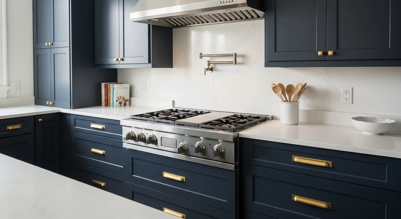 Transitional Orange County kitchen featuring a 36-inch professional all-gas range with heavy cast-iron grates and stainless hood — representative of the Viking installs Akra services — serving Newport Beach, CA homeowners