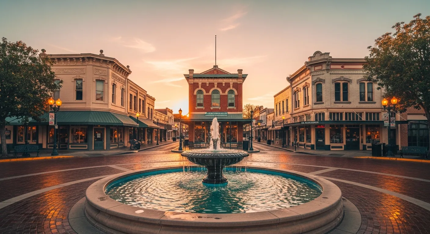 The historic Orange Circle plaza in Old Towne Orange at golden hour with the central fountain, vintage storefronts, and brick streets