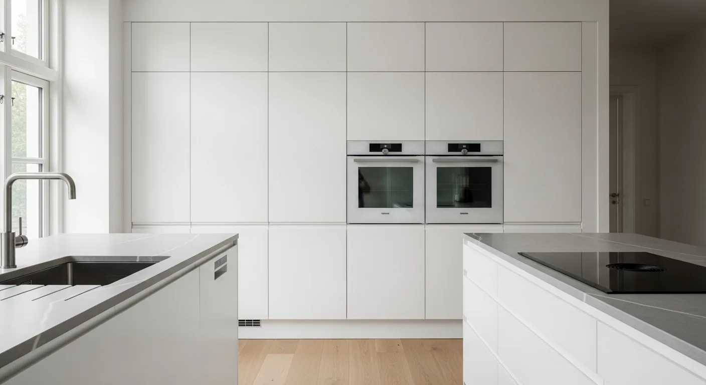 Minimalist European-style Orange County kitchen with handleless white cabinetry and an integrated paneled dishwasher and wall ovens — the kind of Miele install Akra services