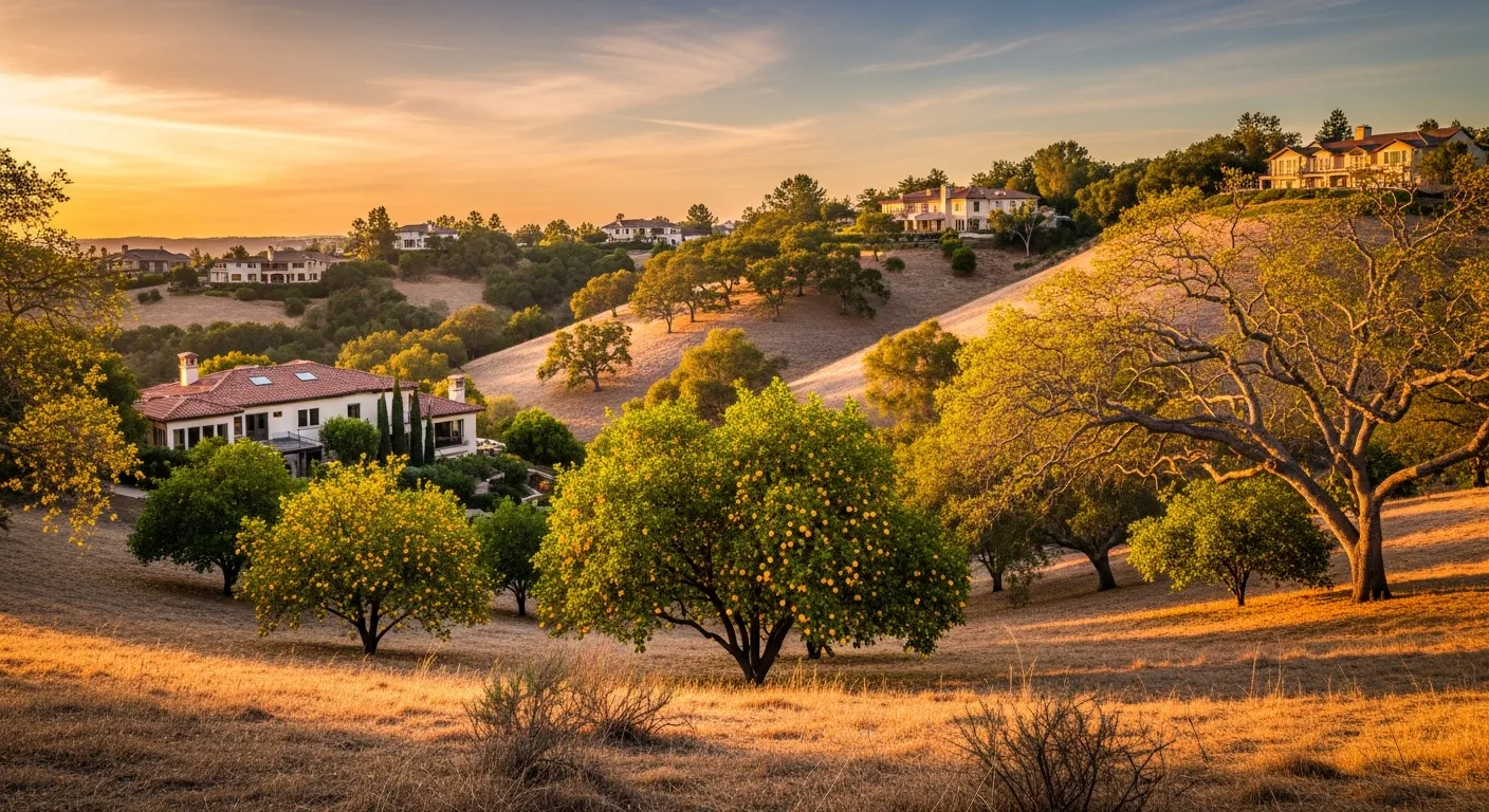 The rolling oak-studded foothills of Lemon Heights at golden hour with custom estate homes, mature lemon and oak trees, and warm light
