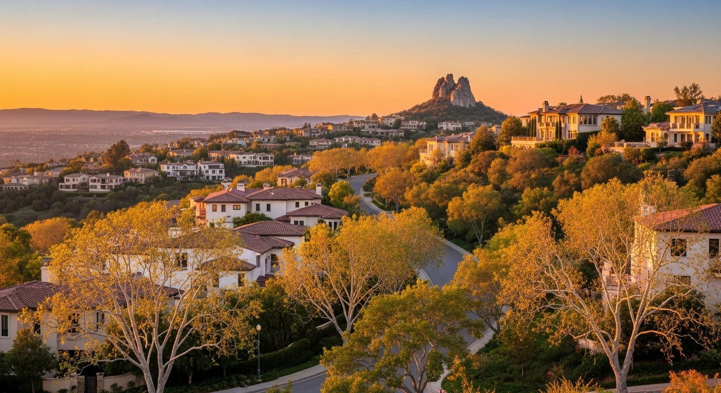 Turtle Rock neighborhood in Irvine at golden hour with hilltop custom homes nestled among mature sycamores and the distinctive rocky outcropping on a winding hillside street