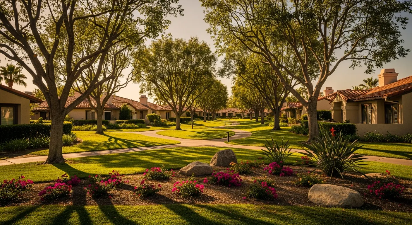 A peaceful Laguna Woods community scene with mature trees, walking paths, and tasteful low-rise residences nestled in landscaped surroundings