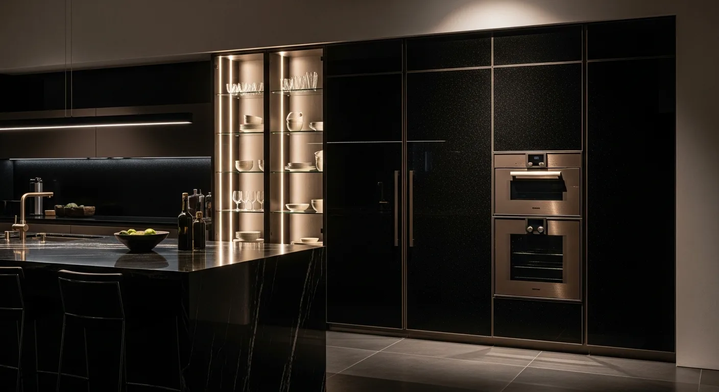 Bold modern luxury Orange County kitchen with a panel-ready obsidian-finish refrigerator wall and dark bronze stainless wall ovens — representative of the JennAir installs Akra services — serving Huntington Beach, CA homeowners