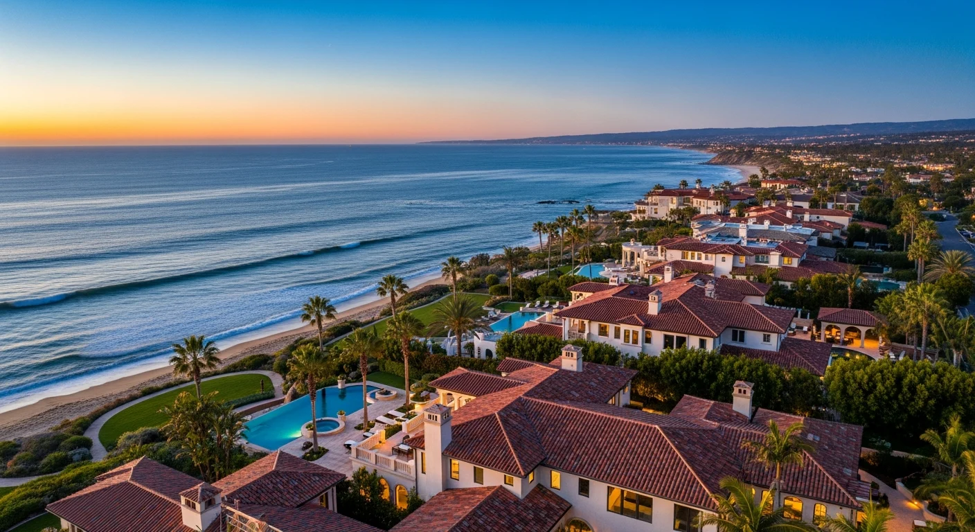 Aerial twilight view of Newport Coast with sprawling Mediterranean estates on coastal bluffs above the Pacific Ocean and Crystal Cove State Beach in the distance