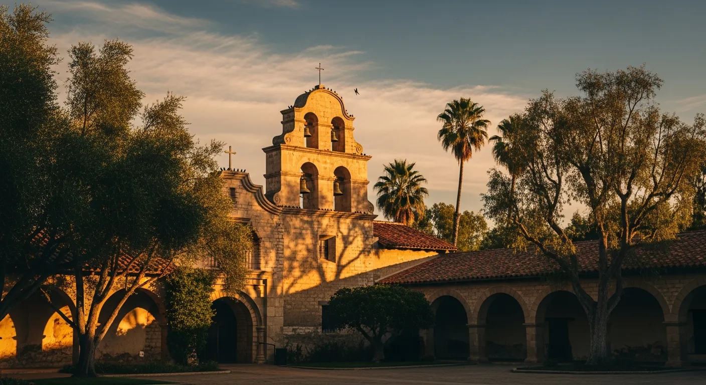 The historic Mission San Juan Capistrano at golden hour with the iconic bell wall, adobe arches, and mature trees