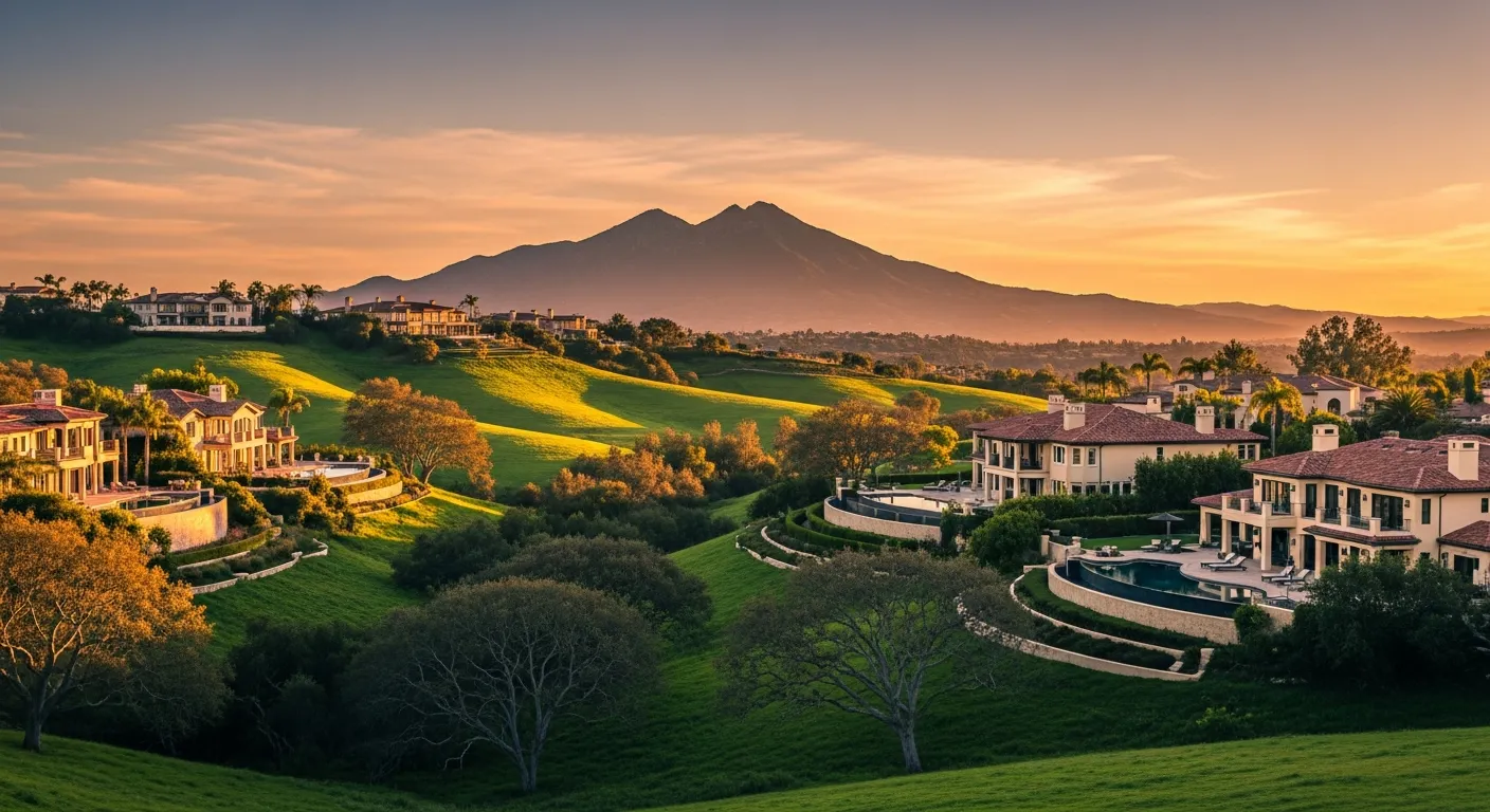 Rolling green hills of Laguna Hills at golden hour with custom estate homes terraced into hillsides and Saddleback Mountain beyond
