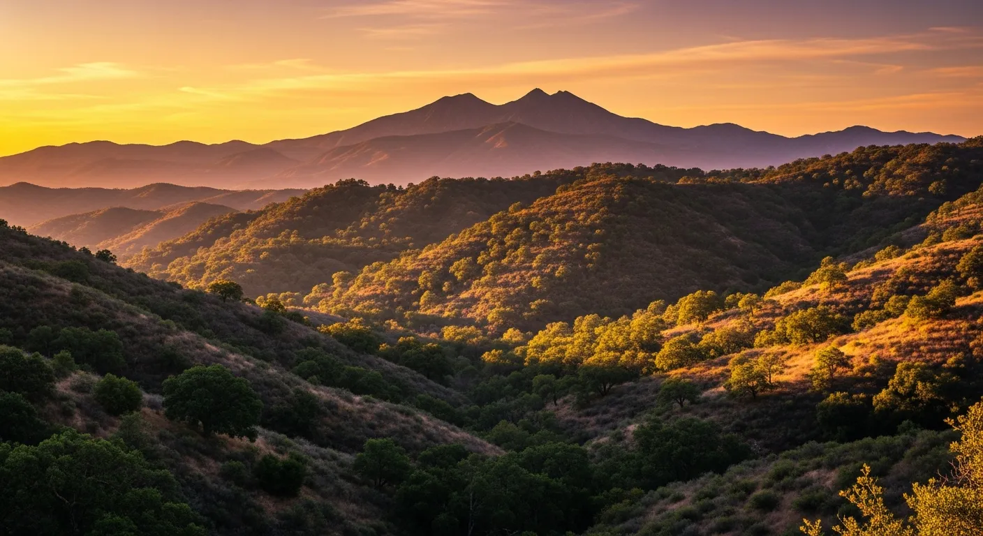 The rugged chaparral hills of Trabuco Canyon at golden hour with oak-studded ridges and the distant Saddleback Mountain silhouette