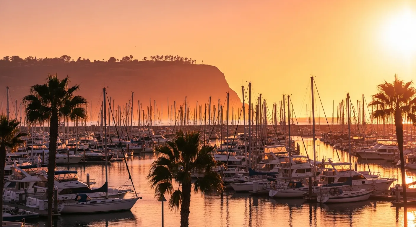 Dana Point Harbor at golden hour with sailboats, yachts, and the iconic headland cliff in the background