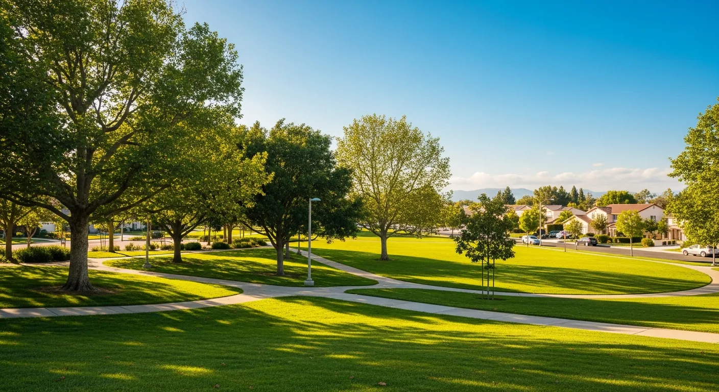 A sunny Fountain Valley park scene with green lawns, mature trees, and well-kept residential streets in the background