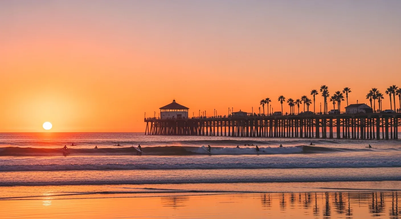 Huntington Beach pier at golden hour with surfers in the water, palm trees on the boardwalk, and Pacific waves breaking