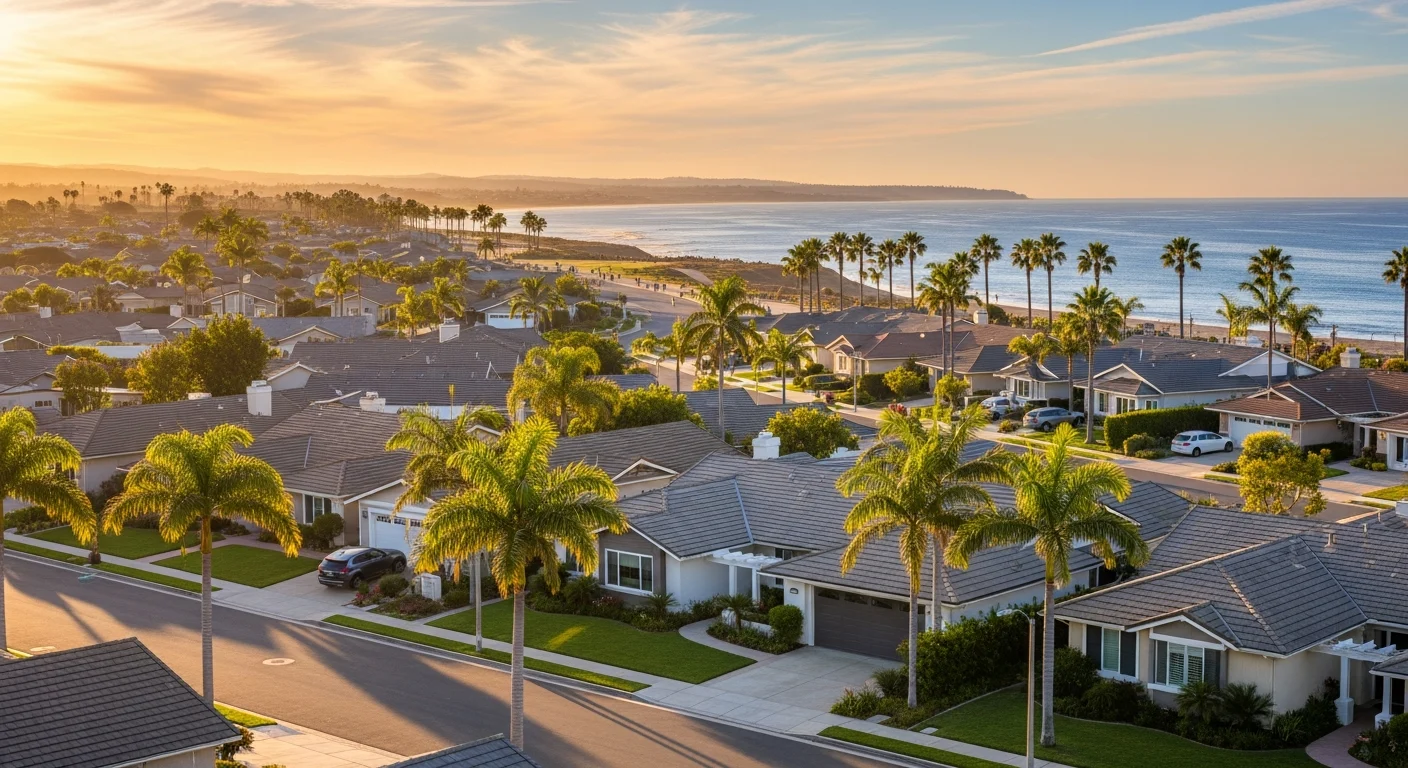 Niguel Shores gated coastal community in Dana Point at golden hour with palm-lined streets, single-story California ranch homes, and an oceanfront bluff trail above Strand Beach