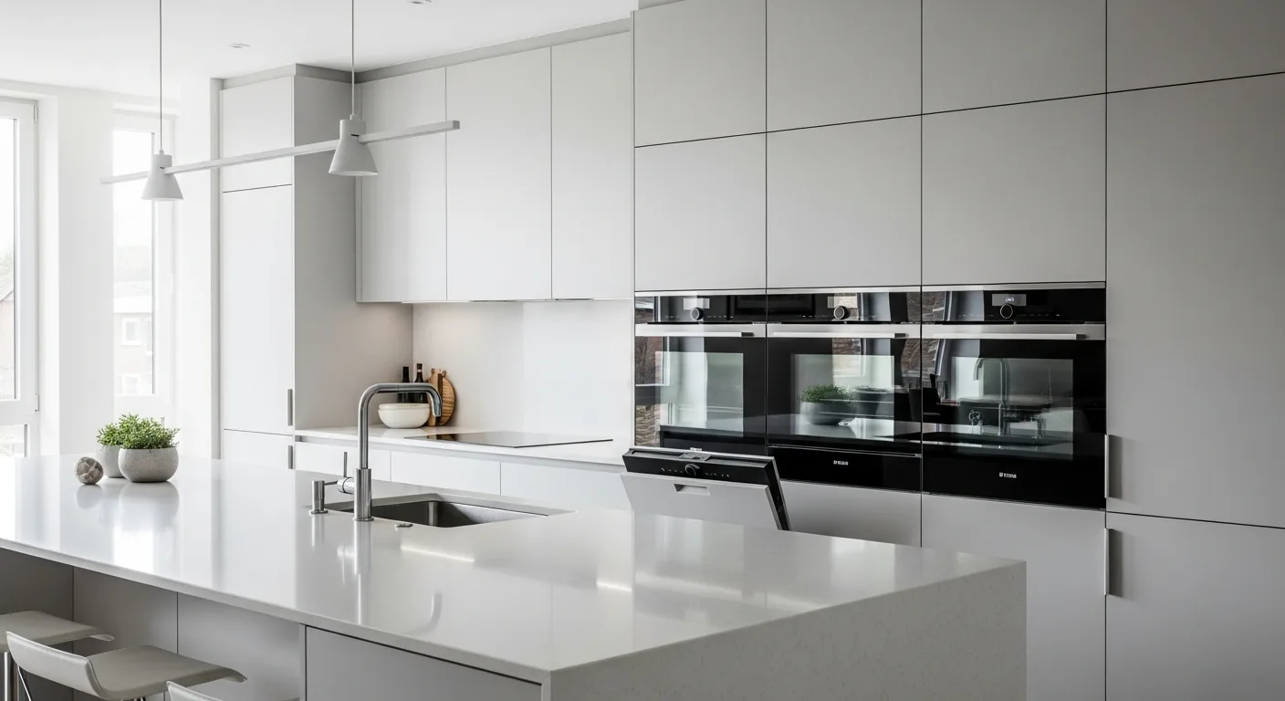 Precision-engineered modern European-style Orange County kitchen with a sleek paneled dishwasher and integrated wall ovens — the kind of Bosch install Akra services