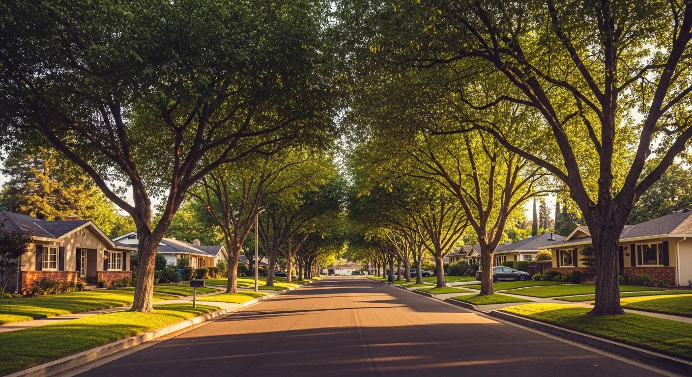 A quiet tree-lined Rossmoor residential street with mature canopy trees and classic mid-century ranch homes in warm golden light