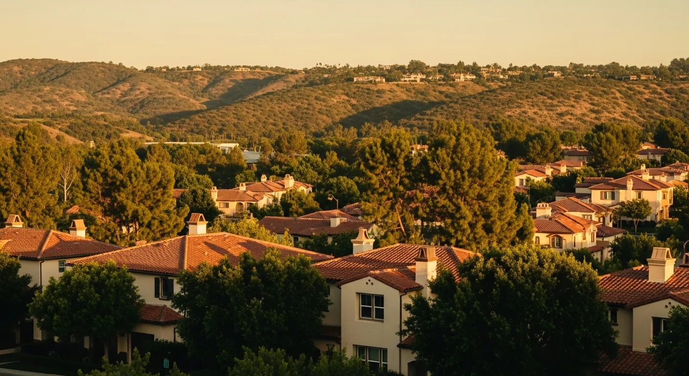 The master-planned Ladera Ranch neighborhood at golden hour with rolling hills, mature trees, and Spanish-revival rooftops