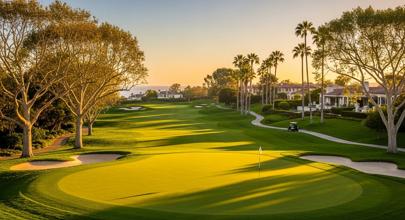 Big Canyon Country Club fairway in Newport Beach at golden hour, with manicured greens, mature sycamores, and large custom estates lining the cart path