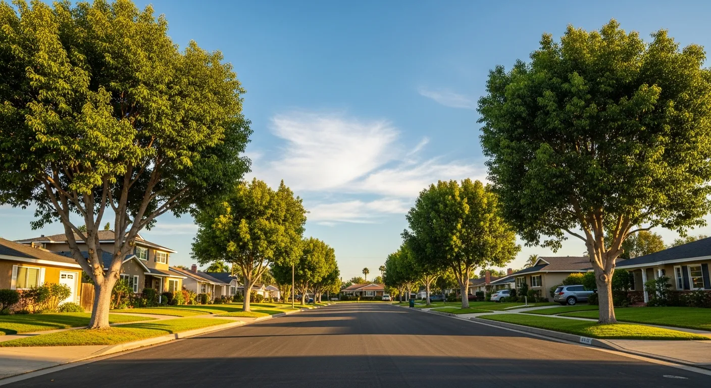 A sunny tree-lined Stanton residential street with mature ficus trees, well-kept suburban homes, and a clear warm California sky