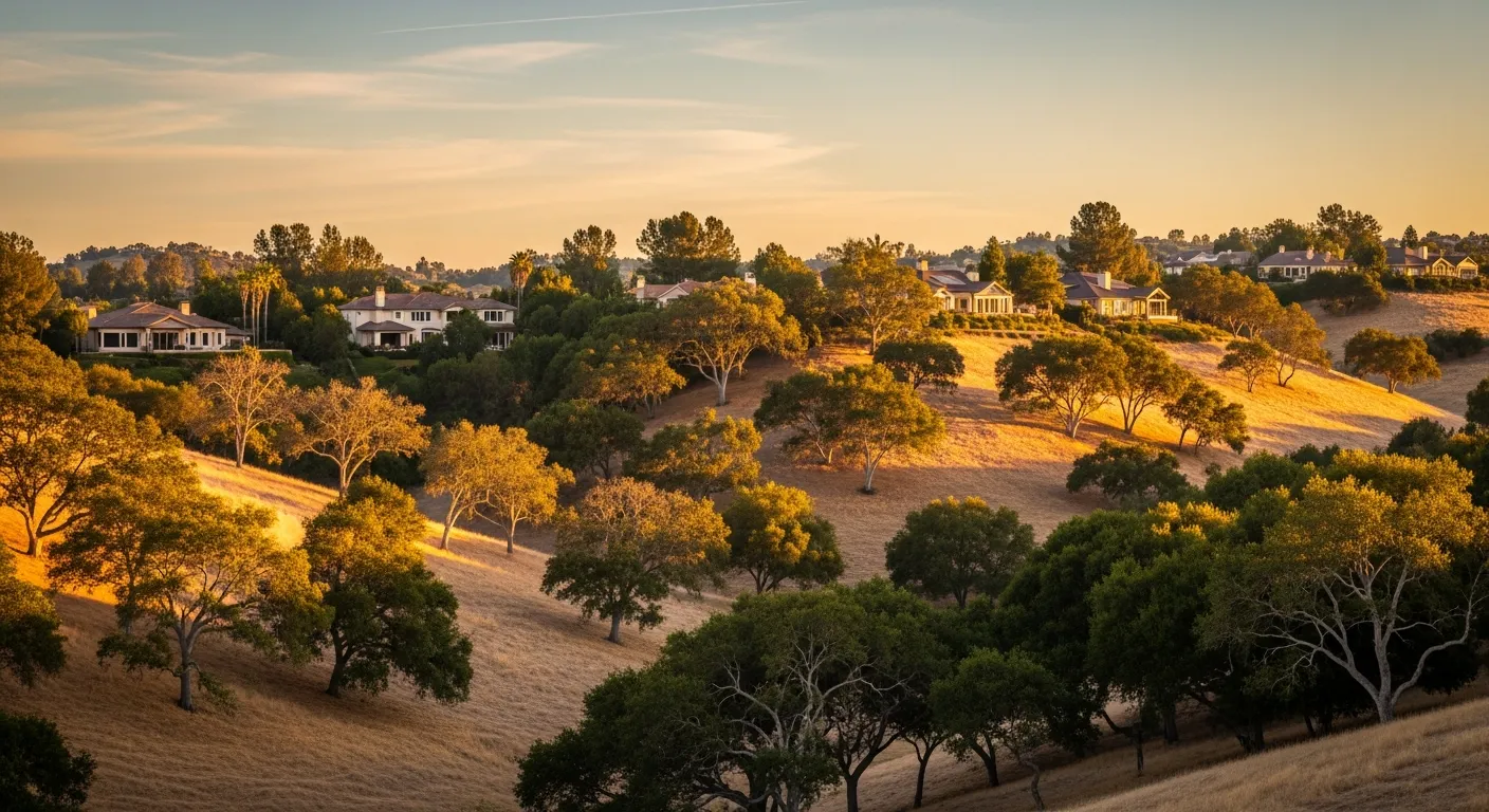 The oak-studded foothills of North Tustin at golden hour with custom estate homes set behind mature live oaks and sycamores