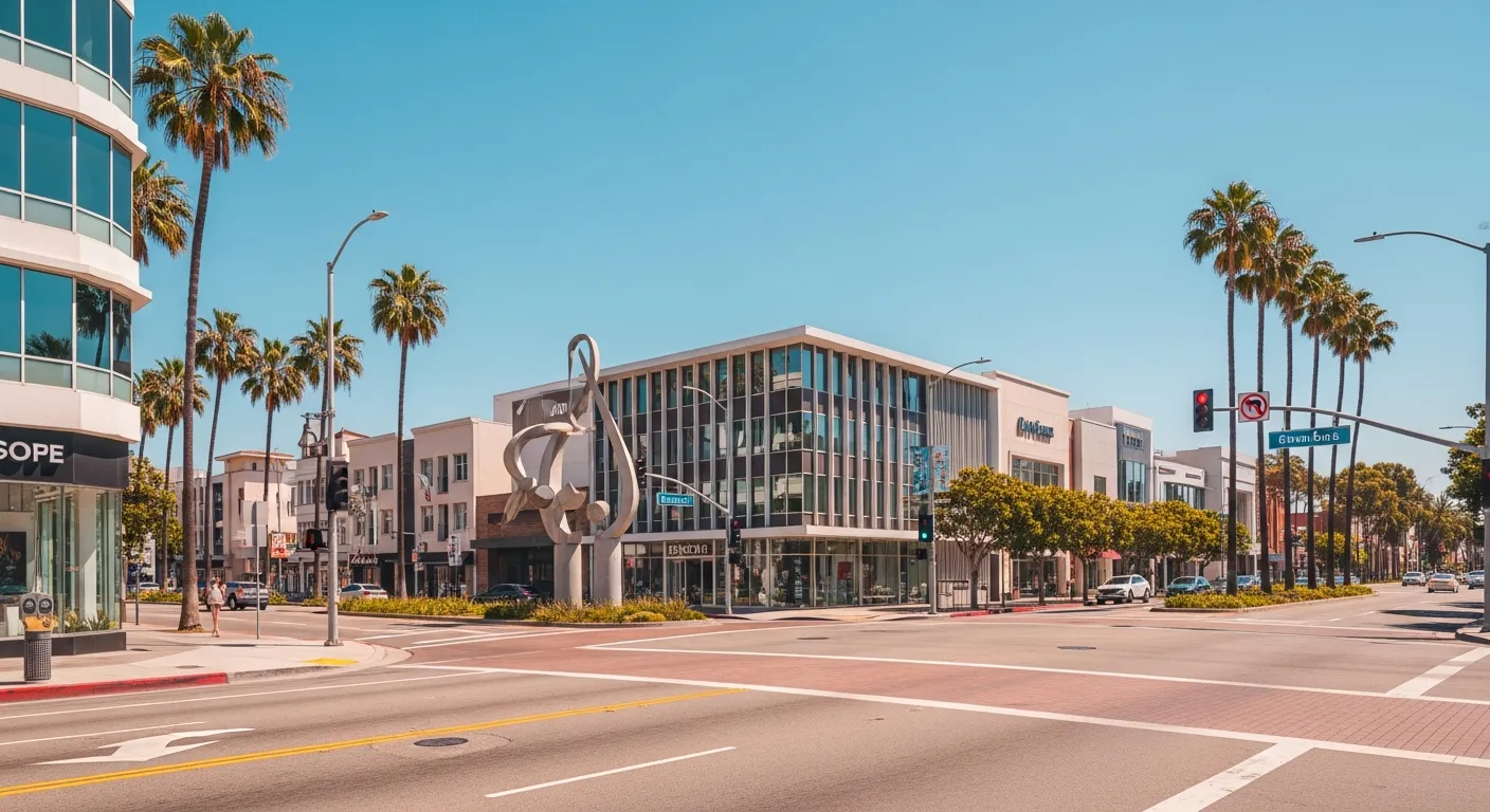 A modern Costa Mesa streetscape near South Coast Plaza with mid-century architecture, sculptural public art, and palm trees