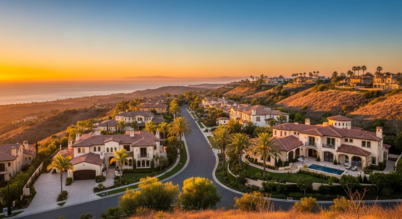 Bear Brand Ranch in Laguna Niguel at sunset with hilltop custom Mediterranean estates overlooking the Pacific Ocean, palm-lined private streets, and golden California chaparral hillsides