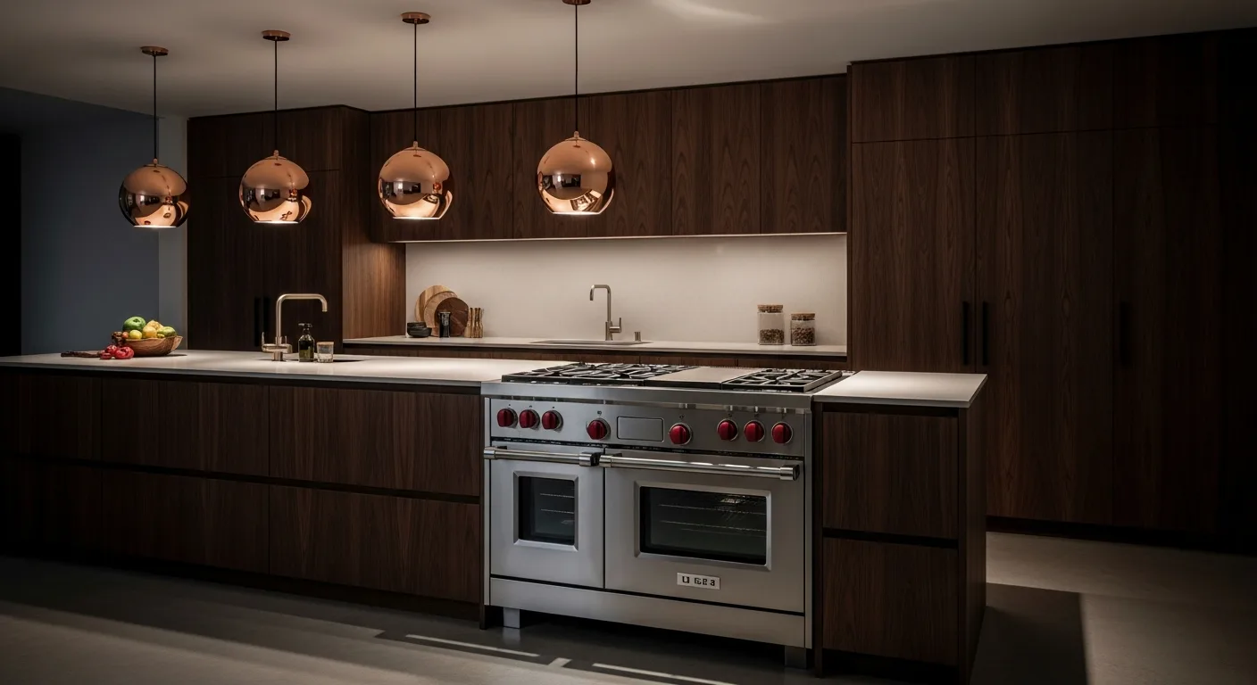 Luxury Orange County kitchen built around a 48-inch professional dual-fuel range with stainless front and signature red knobs — typical of the Wolf installs Akra services — serving Newport Beach, CA homeowners