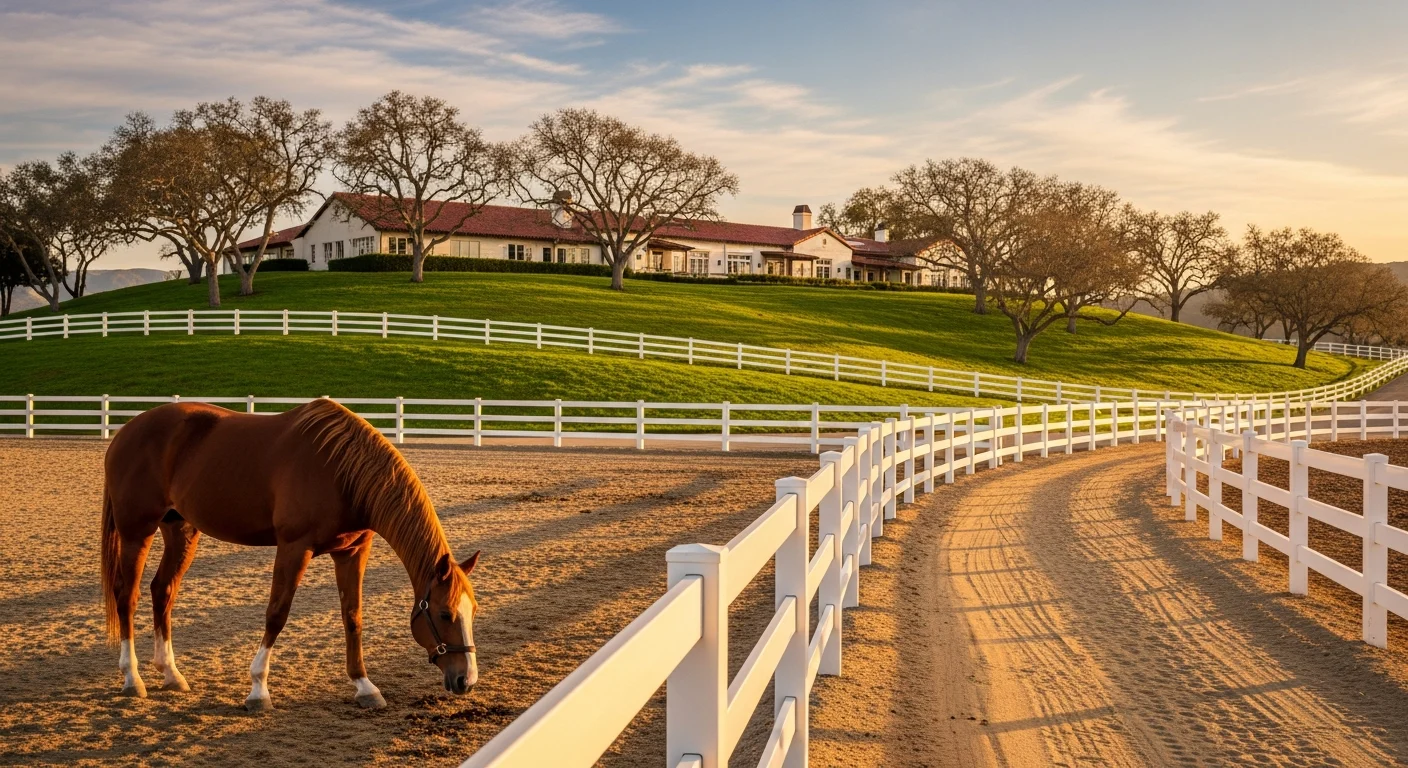 Nellie Gail Ranch in Laguna Hills at golden hour with a white split-rail equestrian fence, a chestnut horse in a paddock, and a sprawling California ranch estate on a rolling oak-studded hillside