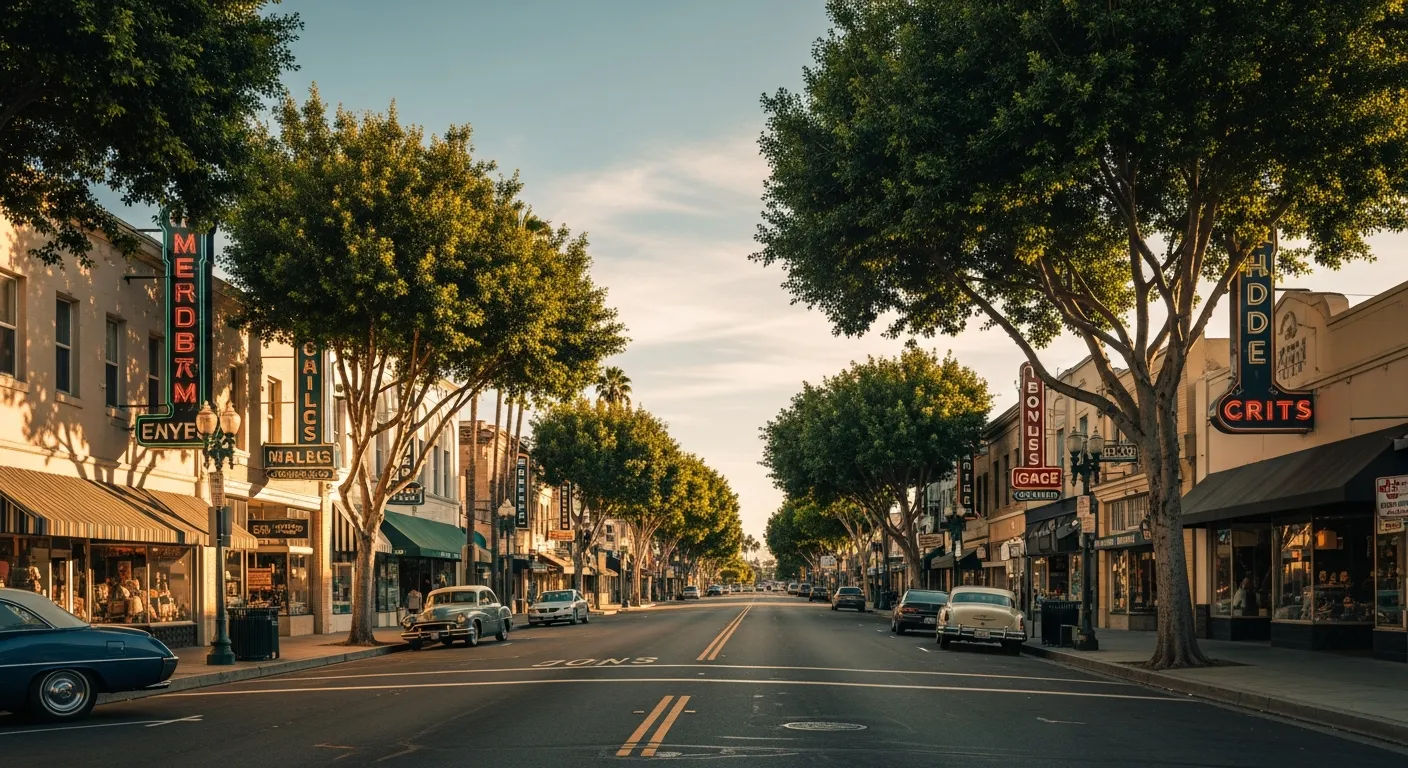 Historic Main Street in Garden Grove with classic storefronts, vintage signage, and mature trees lining the street
