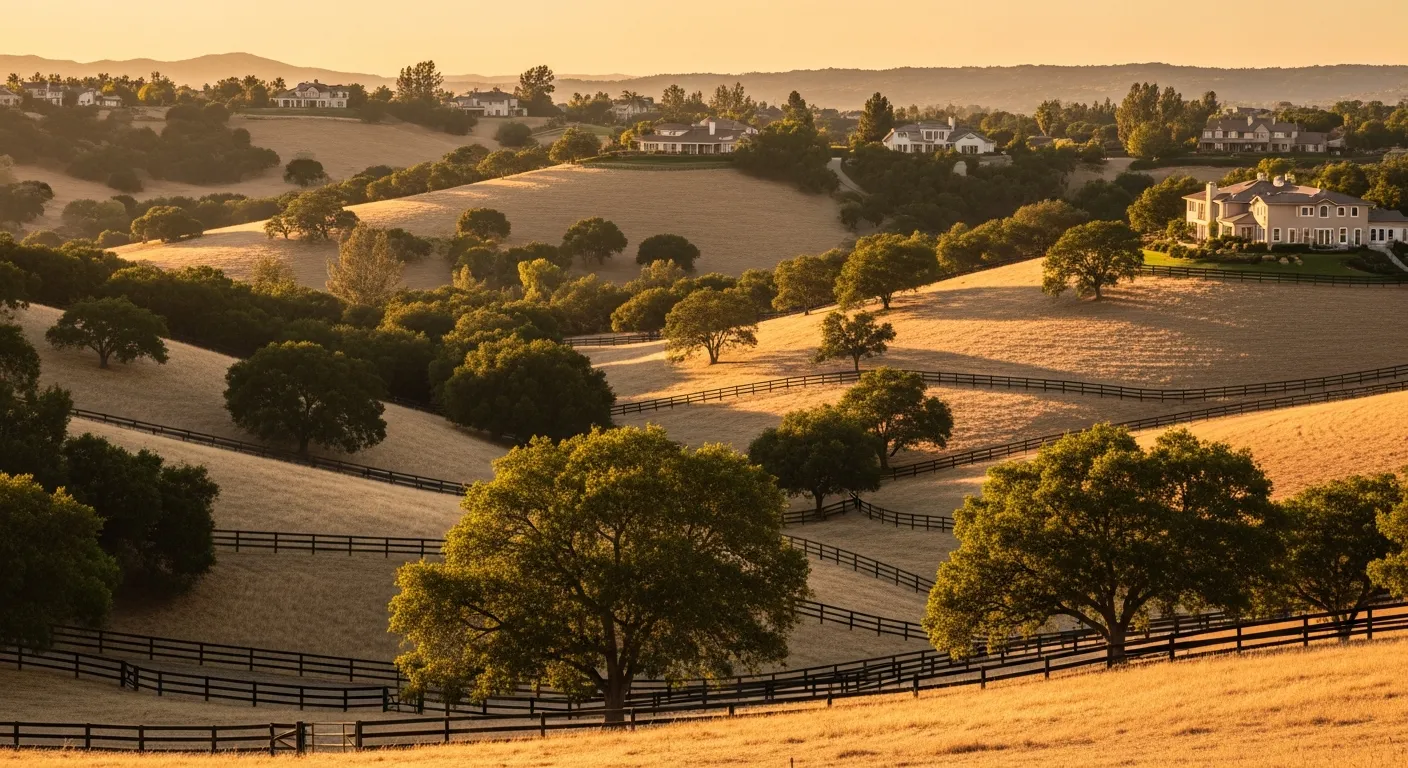 Rolling oak-studded hills of Yorba Linda at golden hour with custom estate homes, mature pepper trees, and equestrian fencing