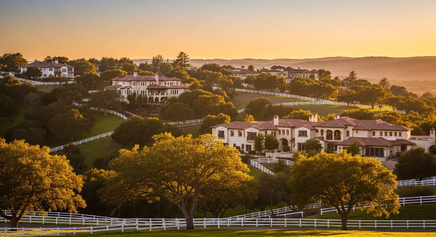 The secluded oak-covered foothills of Cowan Heights at golden hour with custom estate homes nestled among mature live oaks and equestrian fences