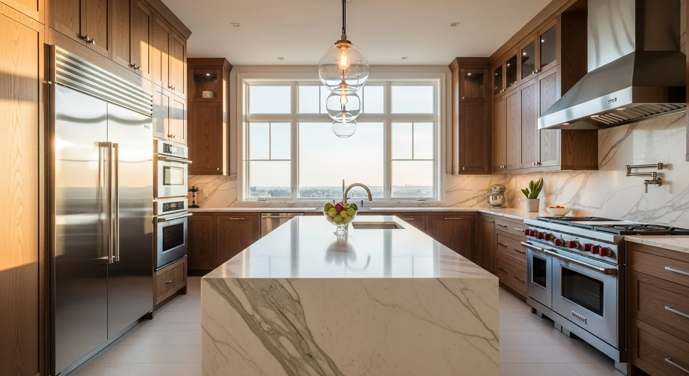 Ultra-luxury modern kitchen at golden hour featuring integrated Sub-Zero–style stainless built-in refrigeration, a professional Wolf-style range, Viking-style wall ovens, marble waterfall island, and warm pendant lighting