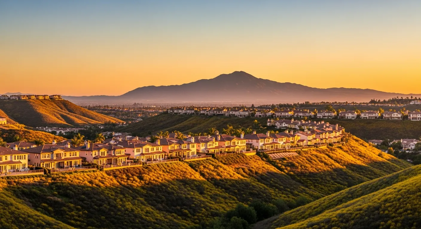 The Las Flores master-planned community at golden hour with rolling chaparral hills, terraced Mediterranean-style homes, and Saddleback Mountain