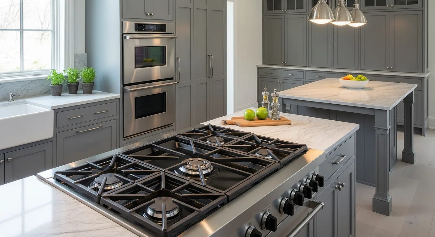 Contemporary chef's kitchen in Orange County with a 48-inch professional gas rangetop featuring a star-shaped burner design and separate stainless wall ovens — typical of the Thermador installs Akra services