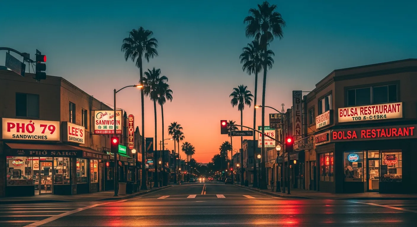 The Little Saigon district of Westminster at twilight with vibrant Vietnamese-American storefront signage glowing and palm trees