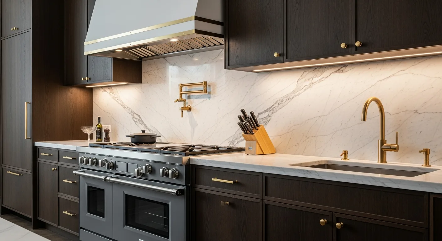 Bold modern luxury Orange County kitchen featuring a graphite stainless professional range with illuminated knobs — representative of the Dacor installs Akra services — serving Newport Beach, CA homeowners