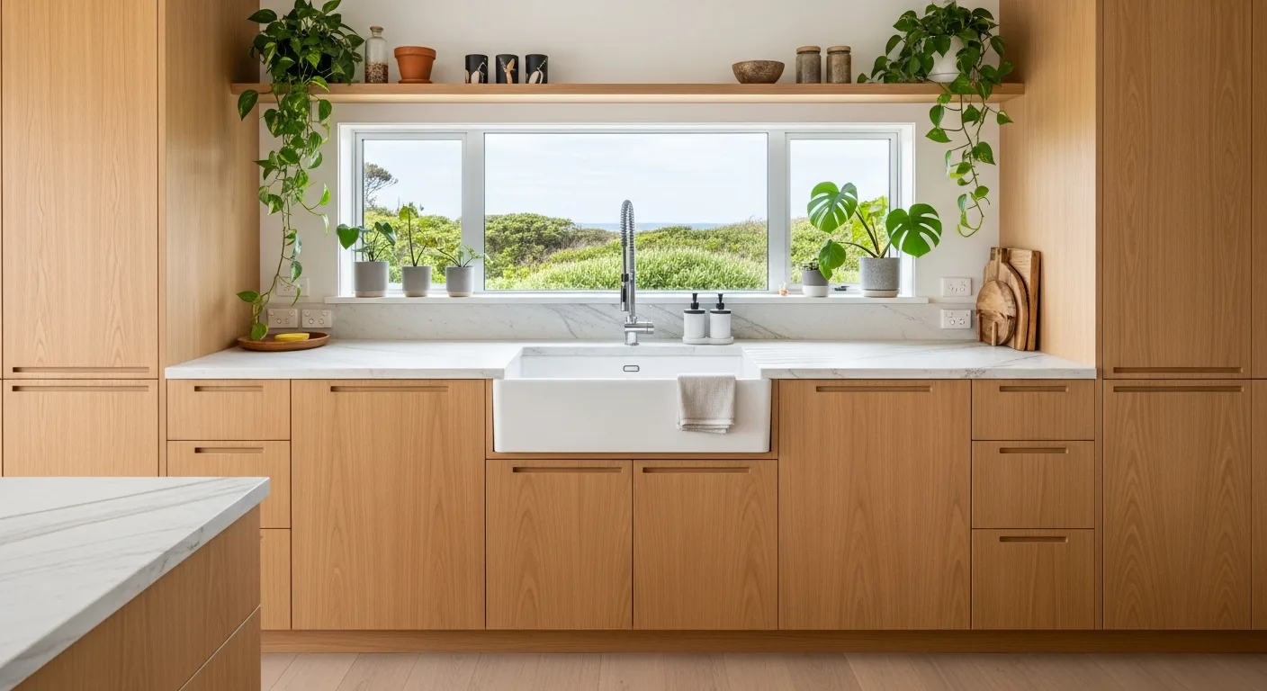 Design-led contemporary Orange County kitchen with two integrated drawer dishwashers flanking a deep farmhouse sink — the kind of Fisher & Paykel install Akra services