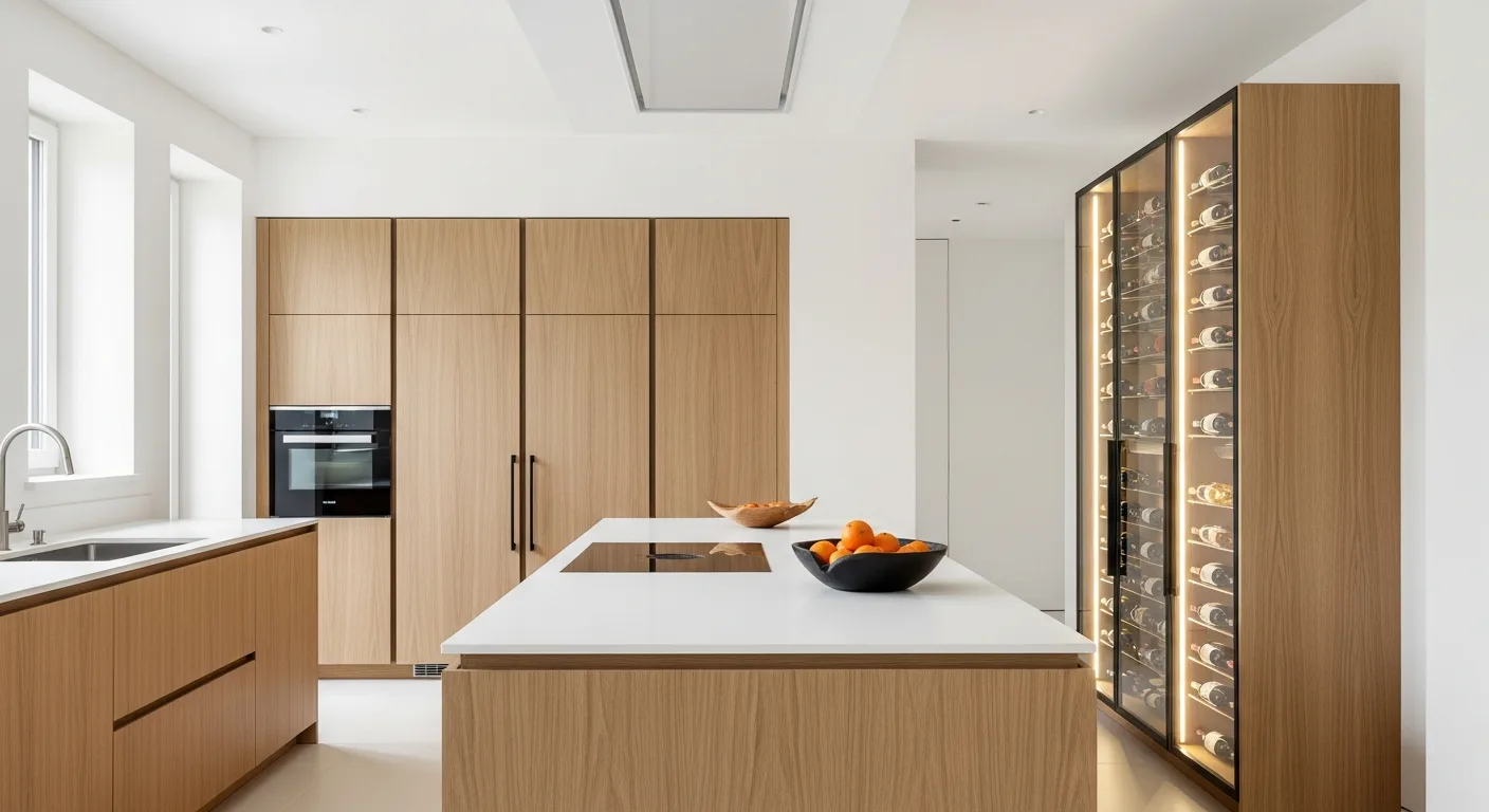 Modern European Orange County kitchen with a tall integrated paneled refrigerator and a backlit wine column flanking an island — the kind of Liebherr install Akra services — serving Newport Beach, CA homeowners