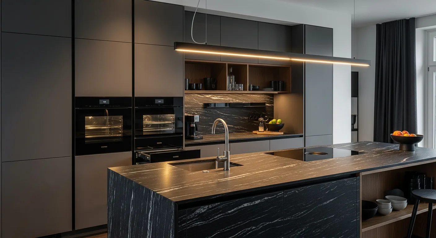 Architect-designed Orange County kitchen with full-height anthracite cabinetry and a flush integrated combi-steam wall oven — typical of the Gaggenau installs Akra services — serving Newport Beach, CA homeowners