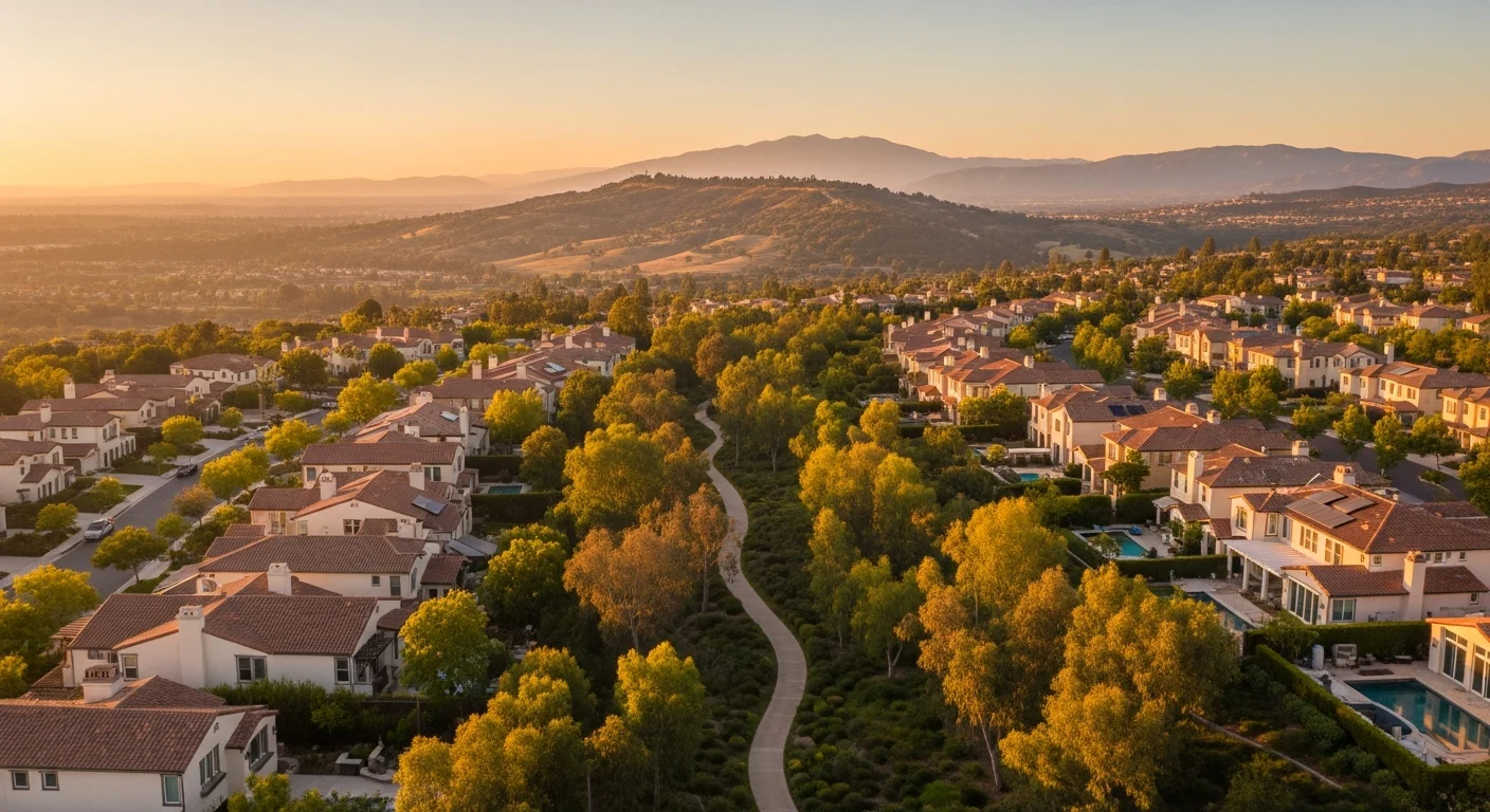 Quail Hill village in Irvine at golden hour with Tuscan and Mediterranean villas, eucalyptus-lined trails, the Quail Hill Park ridgeline, and the Santa Ana Mountains in the distance