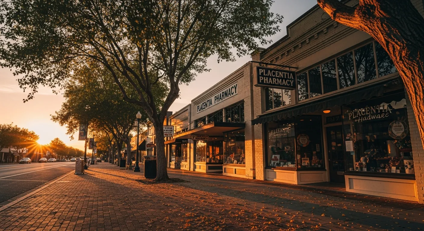 Historic Old Town Placentia at golden hour with vintage storefronts, brick sidewalks, and mature trees
