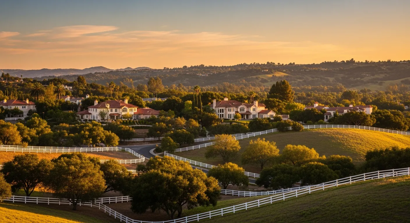 Rolling oak-studded hills of Villa Park at golden hour with stately custom estate homes set back behind mature trees and equestrian fences