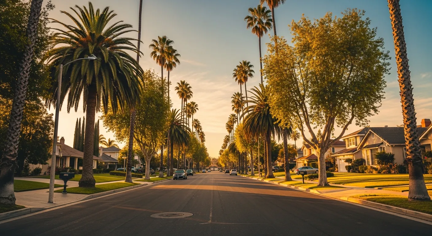 A quiet tree-lined La Palma residential boulevard at golden hour with palm trees and well-kept suburban homes