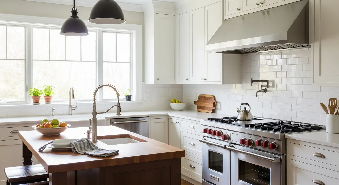 Transitional warm family Orange County kitchen with a stainless 36-inch professional range, white shaker cabinetry, and subway tile backsplash — typical of the KitchenAid installs Akra services