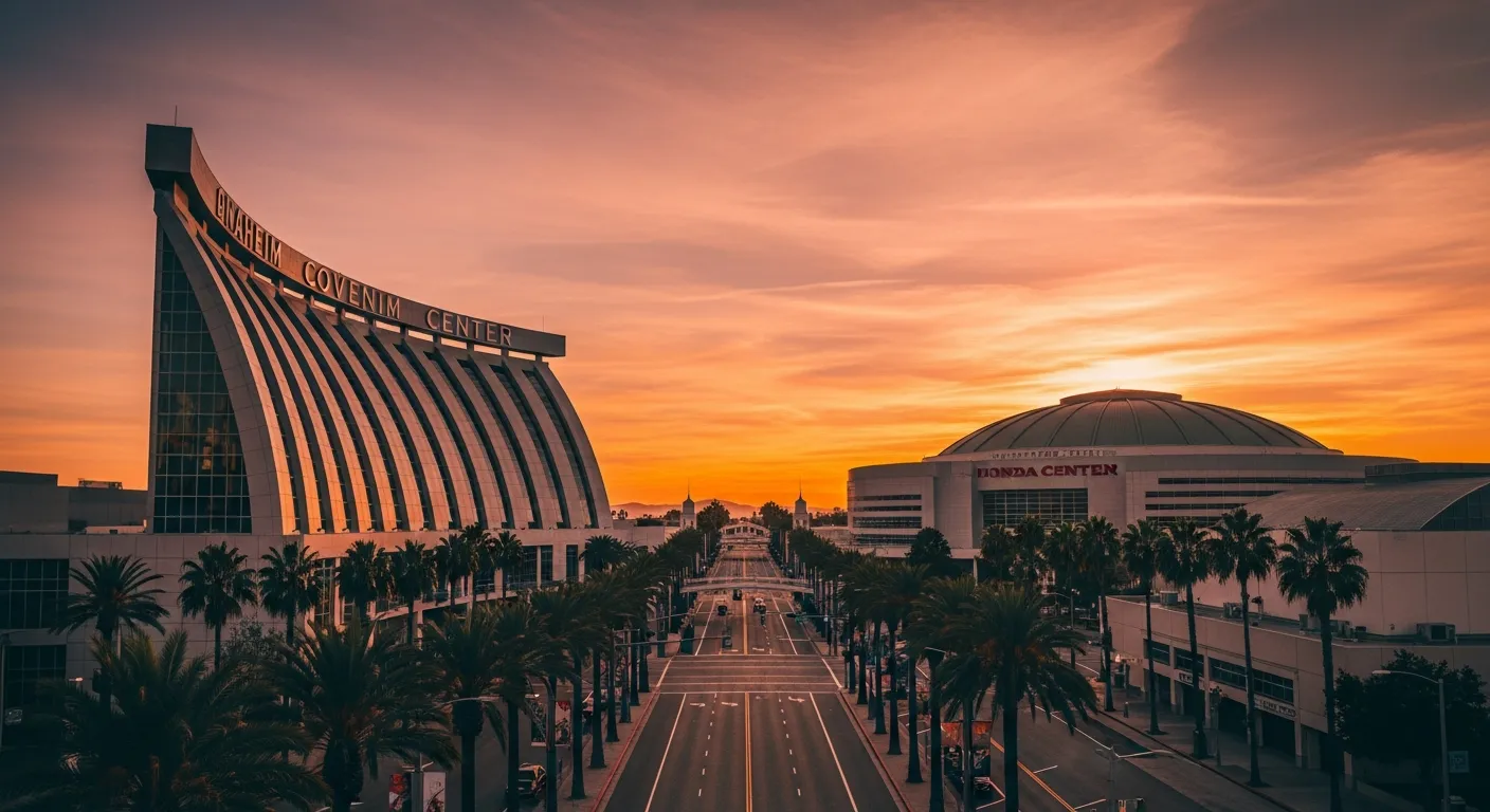 Sunset skyline of Anaheim, California featuring the curved Anaheim Convention Center and Honda Center silhouettes with palm trees in the foreground
