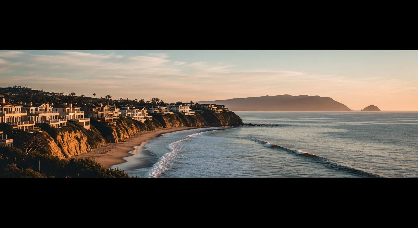 Pelican Point oceanfront luxury estates in Newport Coast at golden hour, perched on coastal bluffs above Crystal Cove State Beach with Catalina Island on the horizon