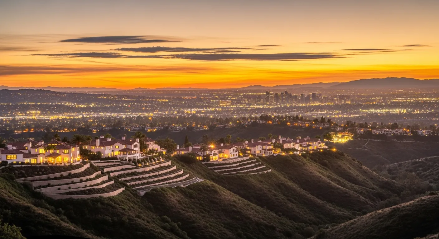 Rolling hills overlooking La Habra at sunset with hillside homes terraced into the slopes and distant city lights below