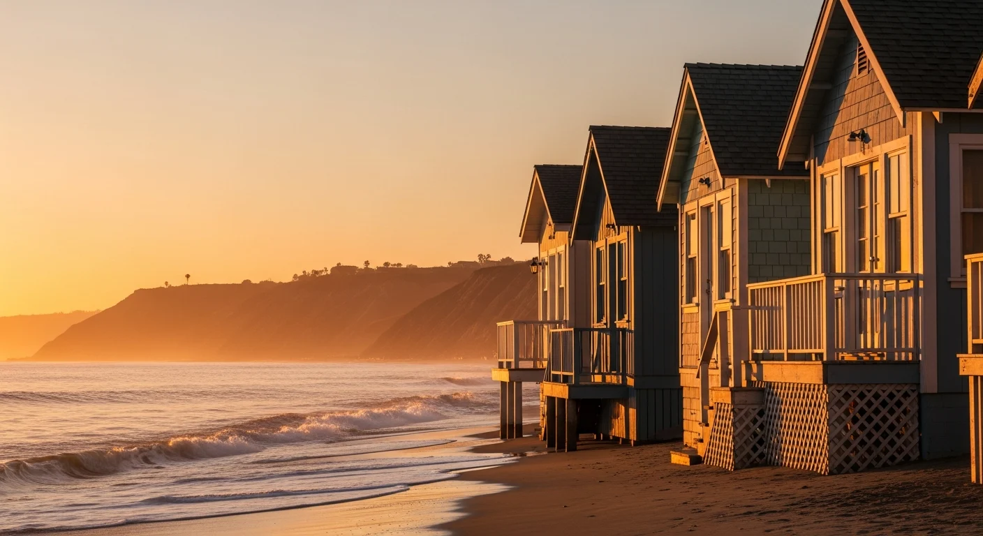 Sun-bleached vintage cottages of Crystal Cove State Beach in Newport Beach at sunset, with the Pacific Ocean and Newport Coast bluffs in the background