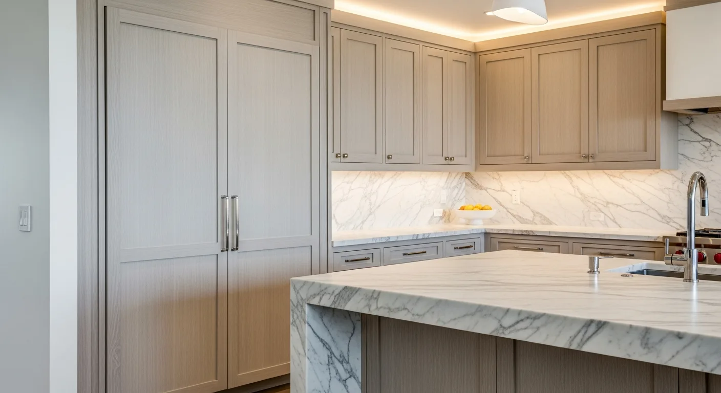 Custom Orange County kitchen with a paneled built-in column refrigerator integrated into white oak cabinetry — the kind of Sub-Zero install Akra Appliance Repair services across Newport Coast and Shady Canyon — serving Irvine, CA homeowners