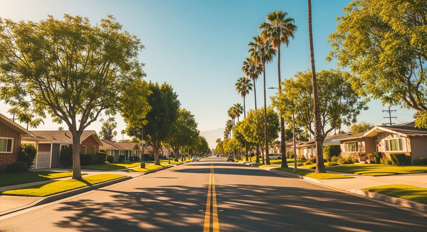 A sunny suburban Buena Park streetscape with mid-century homes, mature trees, and palm-lined boulevards