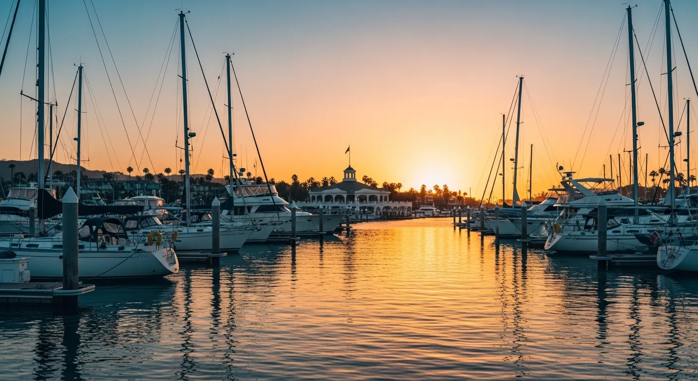 Newport Harbor at sunset with sailboats and yachts moored along the docks and the Balboa Peninsula in soft focus