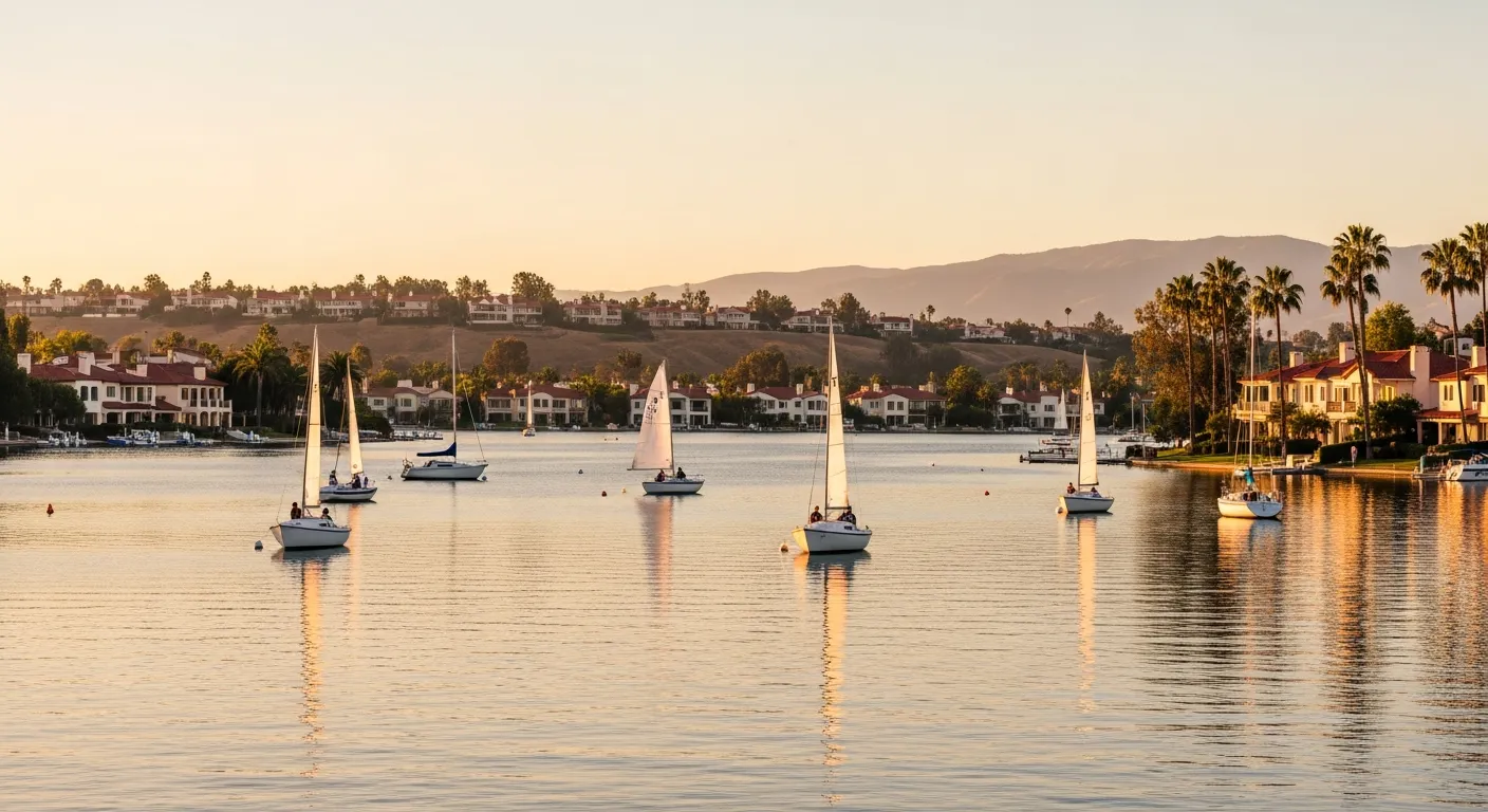 Lake Mission Viejo at golden hour with sailboats on calm water and rolling hills of Spanish-revival homes around the shore