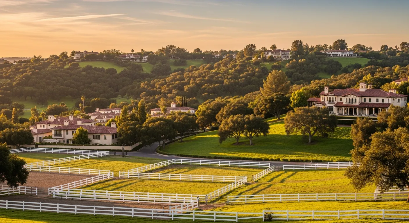 The gated equestrian community of Coto de Caza at golden hour with rolling oak-covered hills, white-fenced horse pastures, and Spanish-revival estates